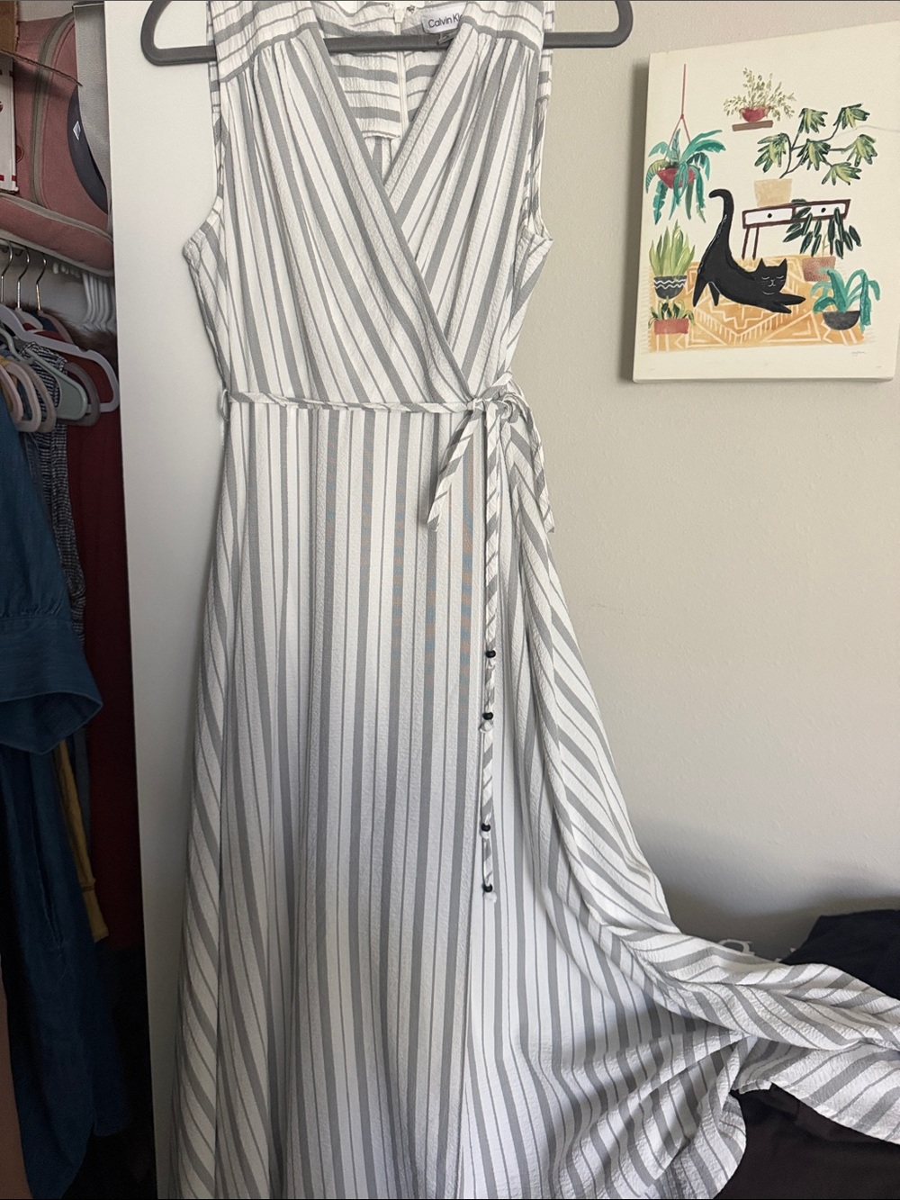 Calvin Klein White and Gray Striped Sleeveless Wrap Maxi Dress